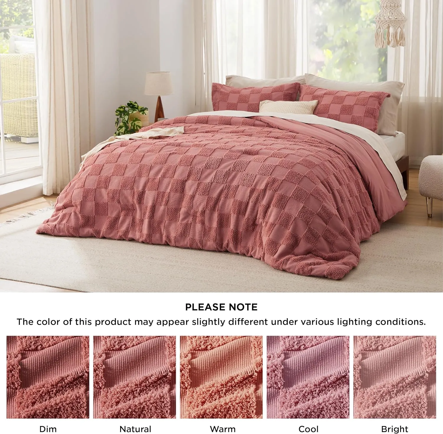 Bedsure Queen Size Comforter Set Grayish Pink, Boho Tufted Bed Set, Checkered Farmhouse Shabby Chic Bedding, 3 Pieces, 1 Plaid Geometric Comforter and 2 Pillow Shams