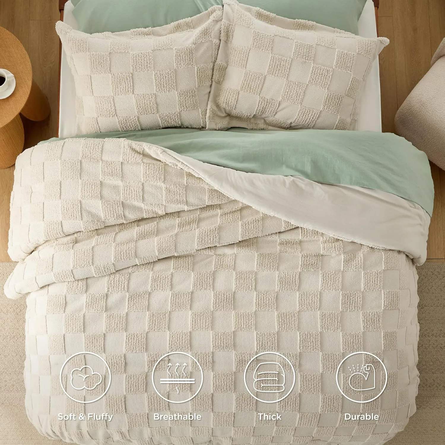 Bedsure Queen Size Comforter Set Grayish Pink, Boho Tufted Bed Set, Checkered Farmhouse Shabby Chic Bedding, 3 Pieces, 1 Plaid Geometric Comforter and 2 Pillow Shams