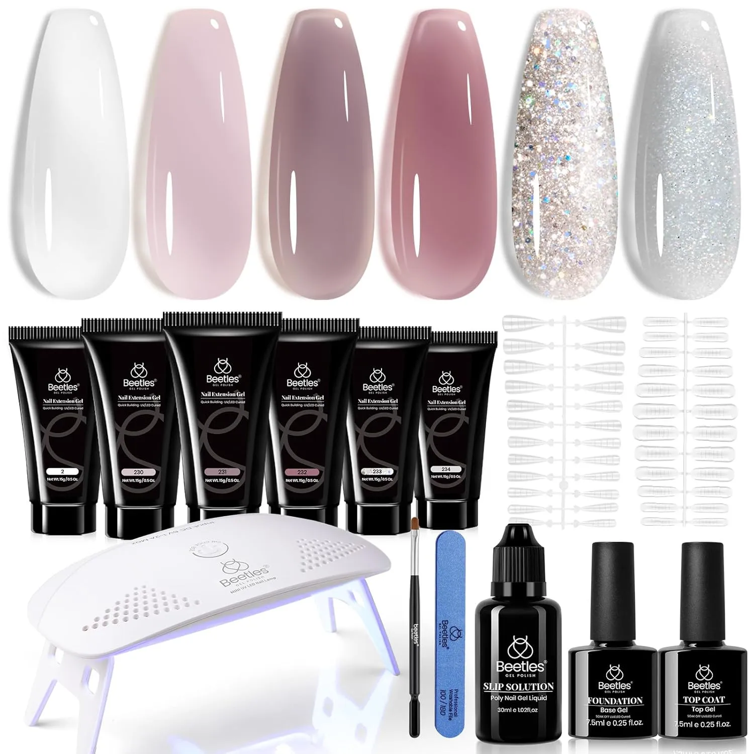 Beetles Poly Nail Gel Kit, 6 Colors Soak Off UV Lamp Extension Gel Nail Polish Set with Base Gel Glossy & Matte Top Coat for All In One Kit Builder Nail Gel Fall Winter French Nails Home DIY Manicure