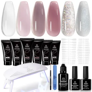 Beetles Poly Nail Gel Kit, 6 Colors Soak Off UV Lamp Extension Gel Nail Polish Set with Base Gel Glossy & Matte Top Coat for All In One Kit Builder Nail Gel Fall Winter French Nails Home DIY Manicure