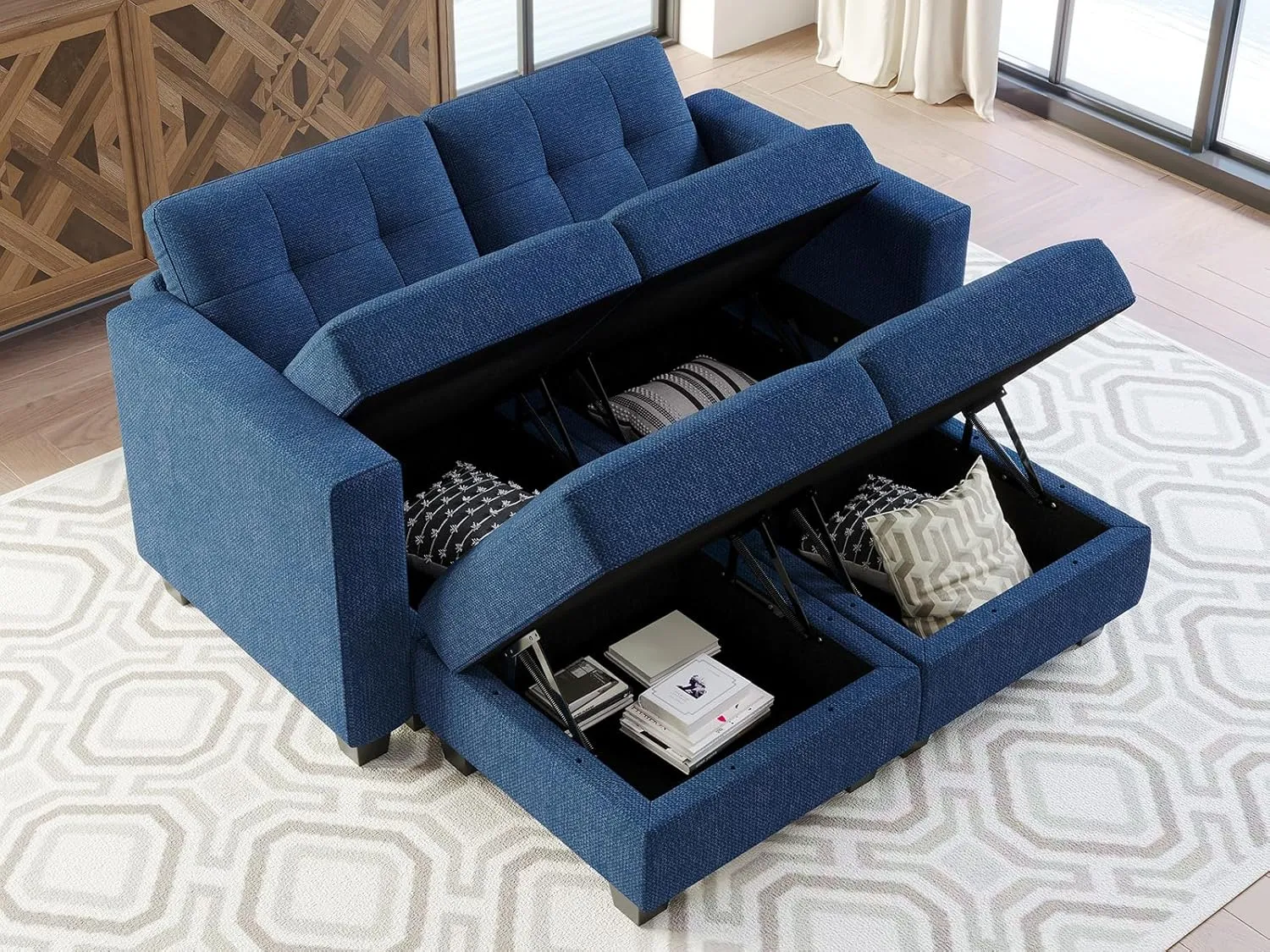 Belffin Modular Sectional Sofa with Storage Ottoman Modern Fabric L Shaped Couch with Chaise for Small Spaces Blue