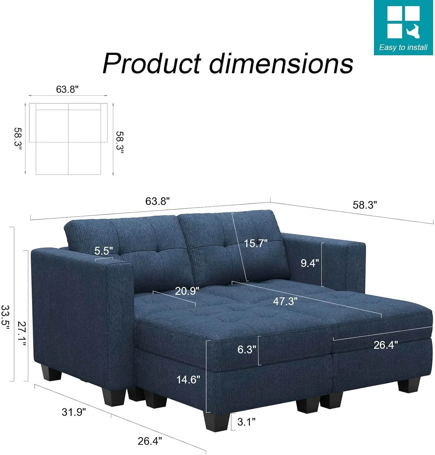 Belffin Modular Sectional Sofa with Storage Ottoman Modern Fabric L Shaped Couch with Chaise for Small Spaces Blue