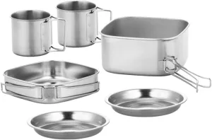 BESPORTBLE 1set Multi-Function Camping Cookware Portable Stainless Steel Cooking Pot Lightweight Outdoor Cookware for Camping Hiking Backpacking Includes Frying Pan Plates and Cups