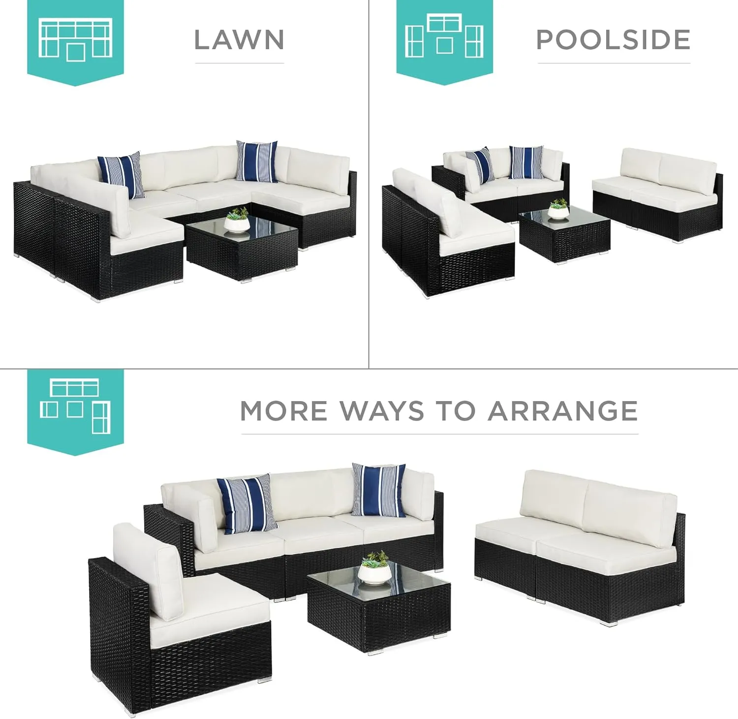 Best Choice Products 7-Piece Modular Outdoor Sectional Wicker Patio Conversation Set w/ 2 Pillows, Coffee Table, Cover Included - Black/White Sand