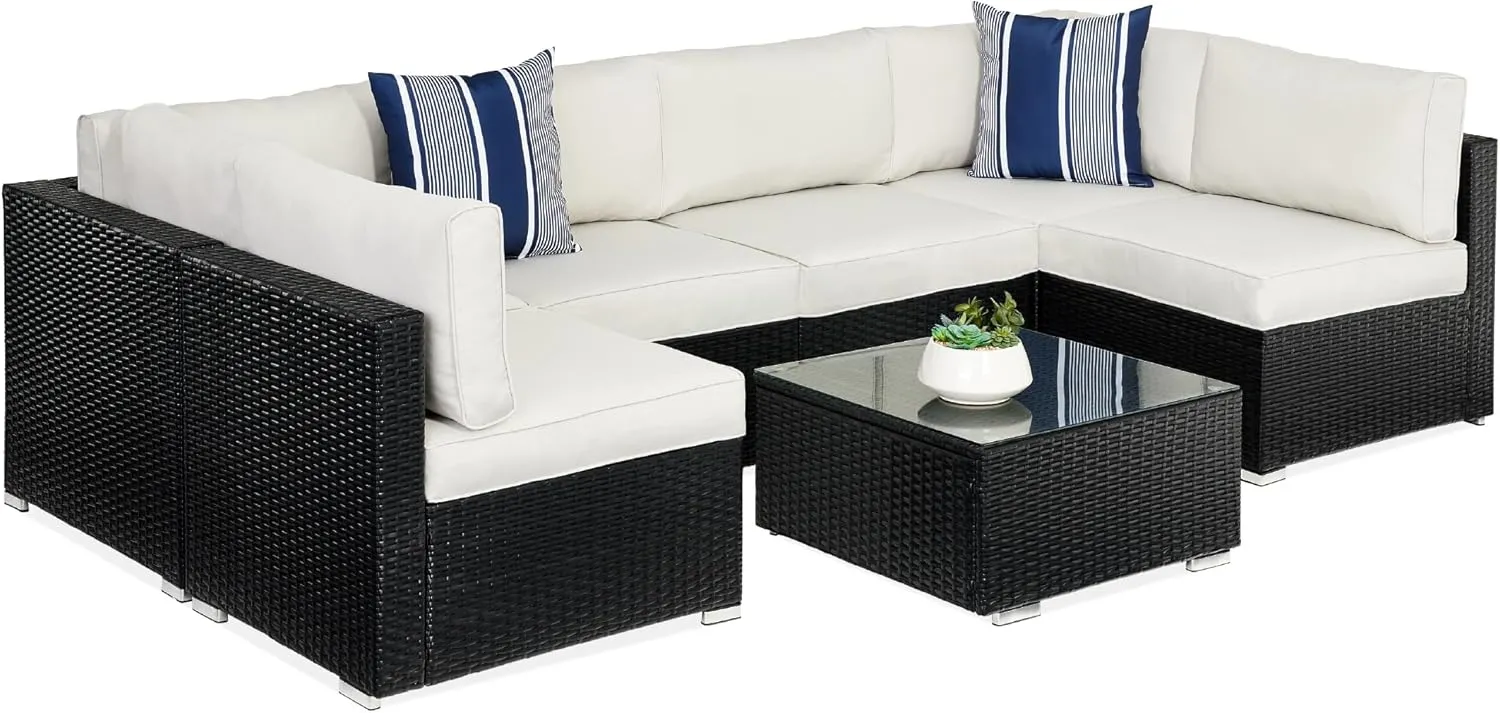 Best Choice Products 7-Piece Modular Outdoor Sectional Wicker Patio Conversation Set w/ 2 Pillows, Coffee Table, Cover Included - Black/White Sand