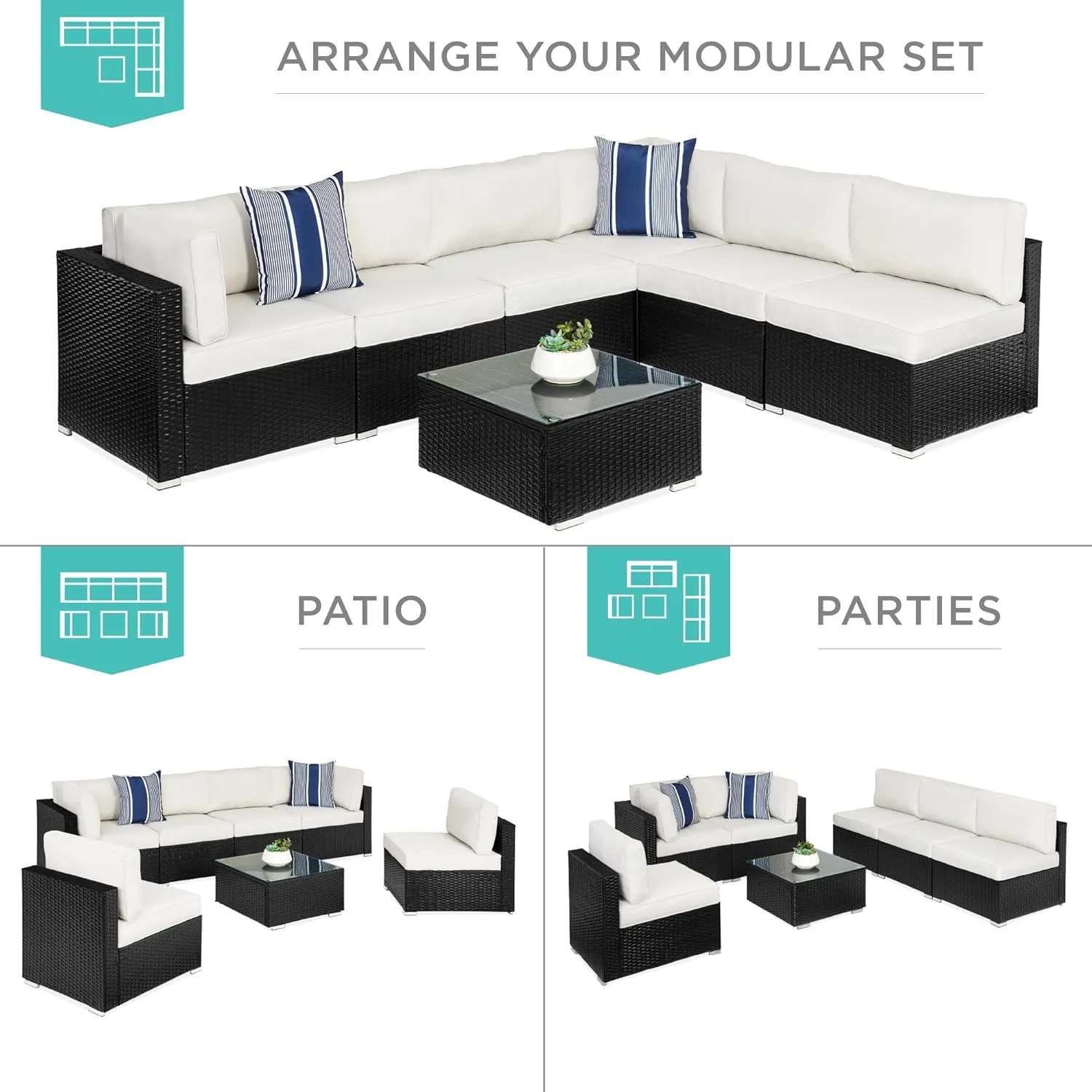 Best Choice Products 7-Piece Modular Outdoor Sectional Wicker Patio Conversation Set w/ 2 Pillows, Coffee Table, Cover Included - Black/White Sand