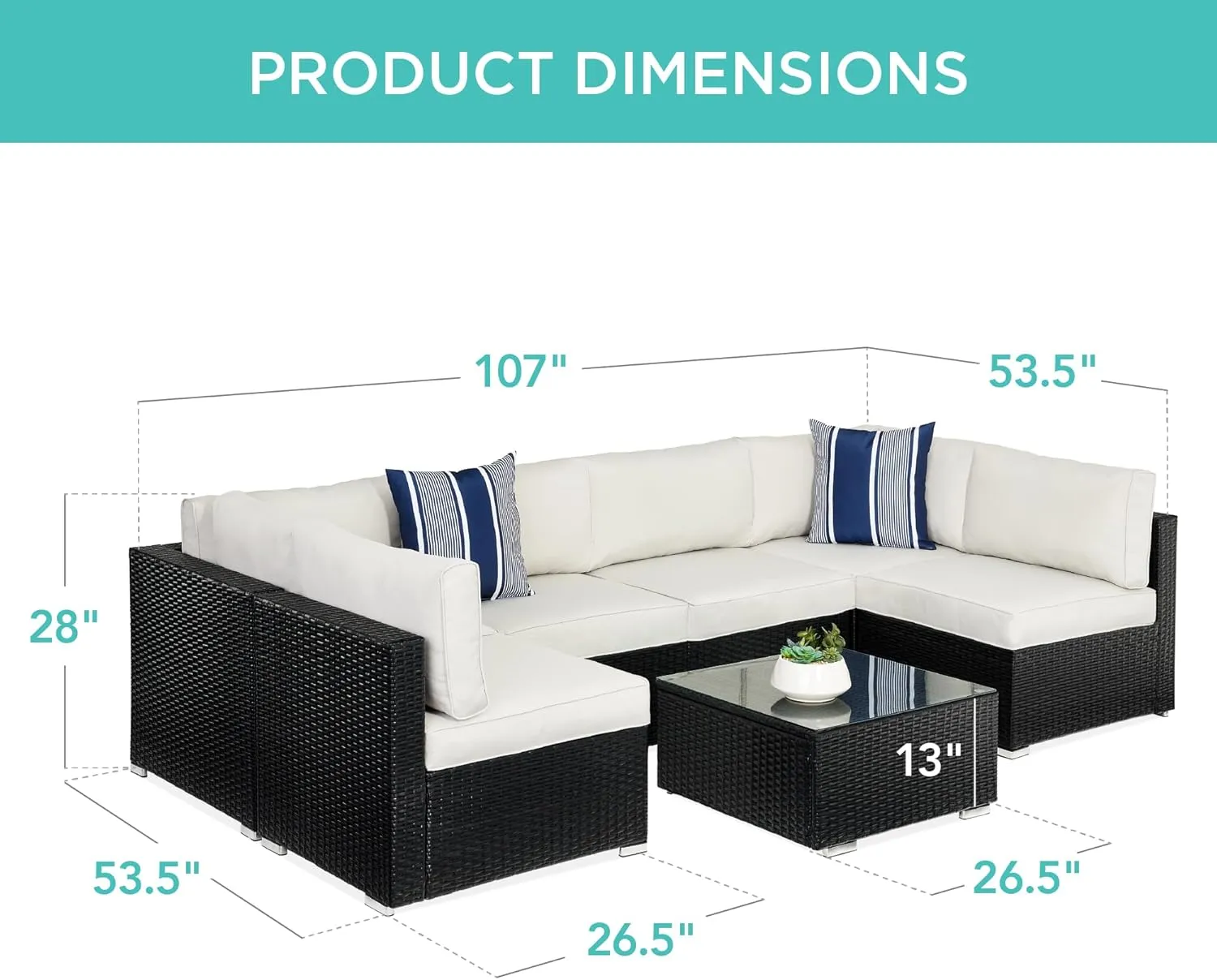 Best Choice Products 7-Piece Modular Outdoor Sectional Wicker Patio Conversation Set w/ 2 Pillows, Coffee Table, Cover Included - Black/White Sand