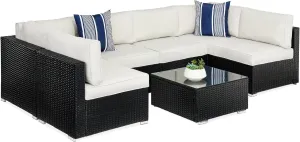 Best Choice Products 7-Piece Modular Outdoor Sectional Wicker Patio Conversation Set w/ 2 Pillows, Coffee Table, Cover Included - Black/White Sand
