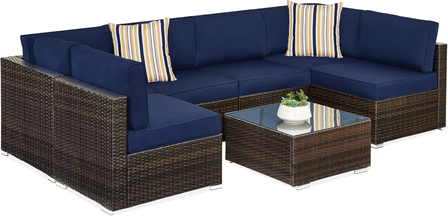 Best Choice Products 7-Piece Modular Outdoor Sectional Wicker Patio Conversation Set w/ 2 Pillows, Coffee Table, Cover Included - Brown/Navy