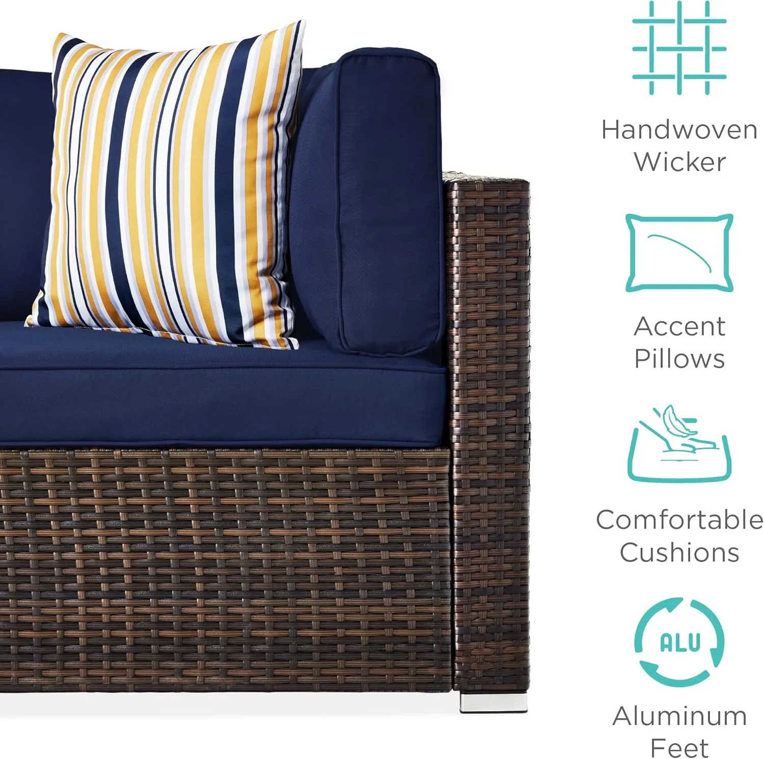 Best Choice Products 7-Piece Modular Outdoor Sectional Wicker Patio Conversation Set w/ 2 Pillows, Coffee Table, Cover Included - Brown/Navy