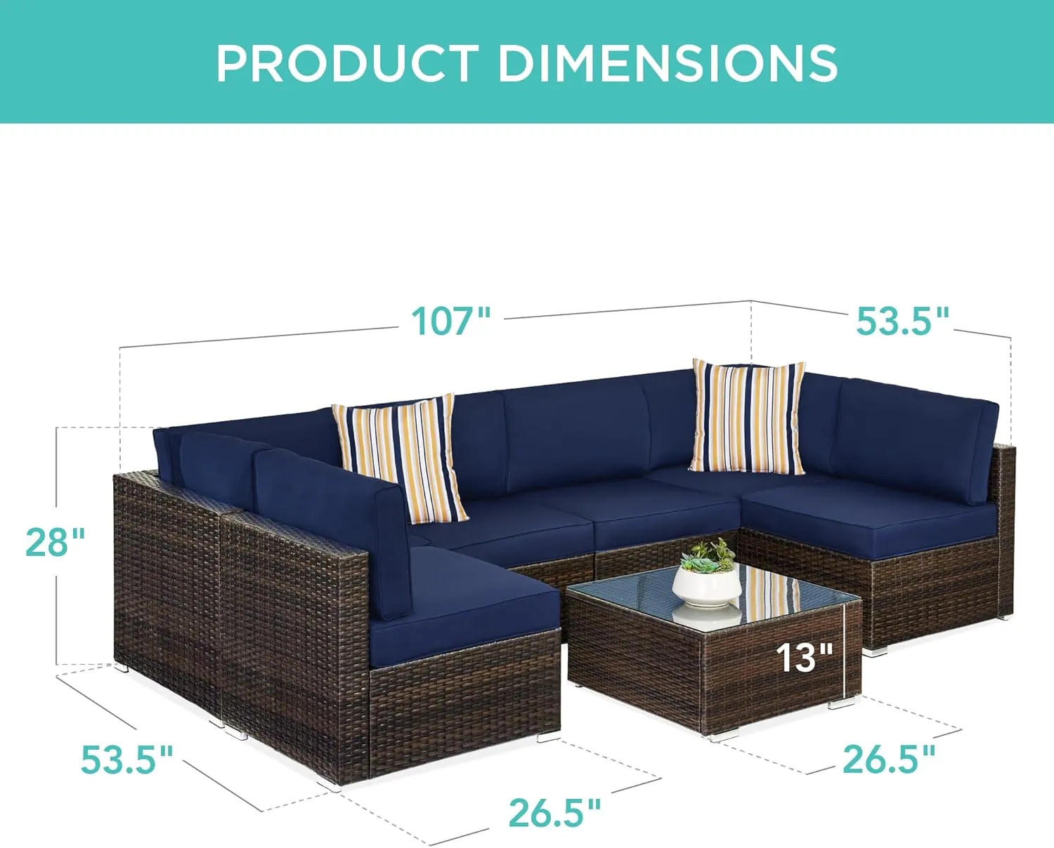 Best Choice Products 7-Piece Modular Outdoor Sectional Wicker Patio Conversation Set w/ 2 Pillows, Coffee Table, Cover Included - Brown/Navy