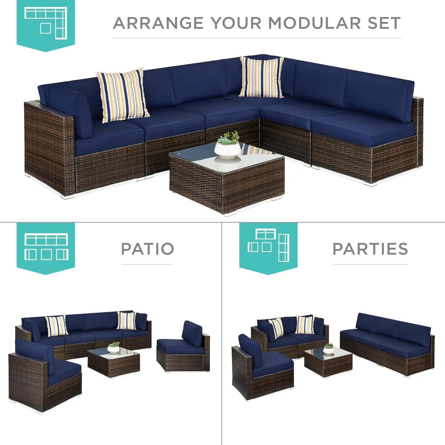 Best Choice Products 7-Piece Modular Outdoor Sectional Wicker Patio Conversation Set w/ 2 Pillows, Coffee Table, Cover Included - Brown/Navy