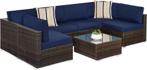 Best Choice Products 7-Piece Modular Outdoor Sectional Wicker Patio Conversation Set w/ 2 Pillows, Coffee Table, Cover Included - Brown/Navy