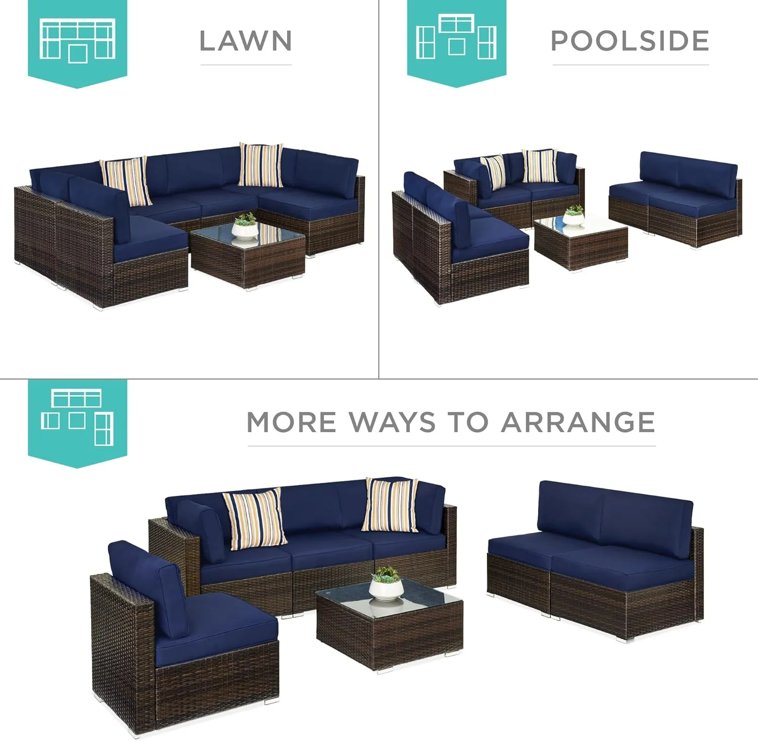 Best Choice Products 7-Piece Modular Outdoor Sectional Wicker Patio Conversation Set w/ 2 Pillows, Coffee Table, Cover Included - Brown/Navy
