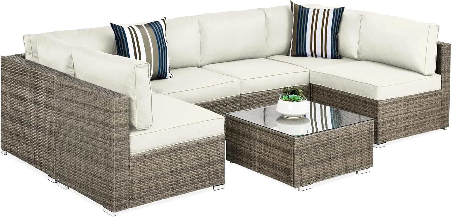 Best Choice Products 7-Piece Modular Outdoor Sectional Wicker Patio Conversation Set w/ 2 Pillows, Coffee Table, Cover Included - Taupe/White Sand