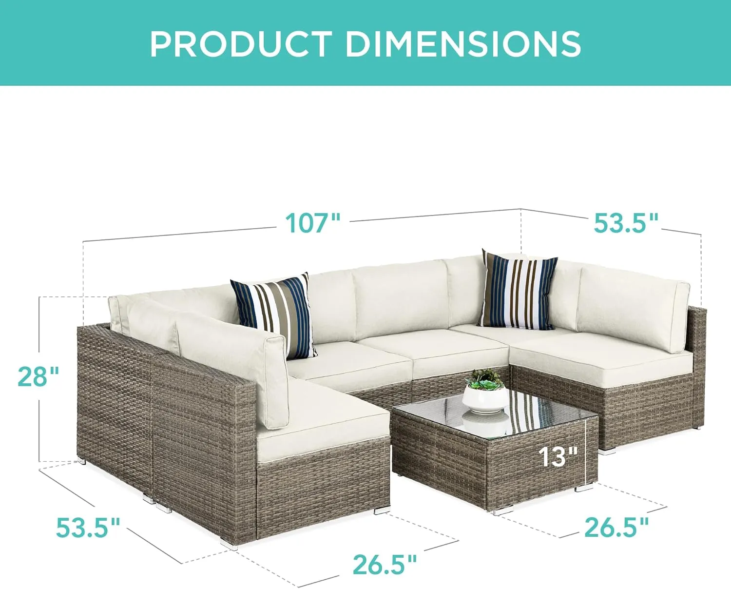 Best Choice Products 7-Piece Modular Outdoor Sectional Wicker Patio Conversation Set w/ 2 Pillows, Coffee Table, Cover Included - Taupe/White Sand