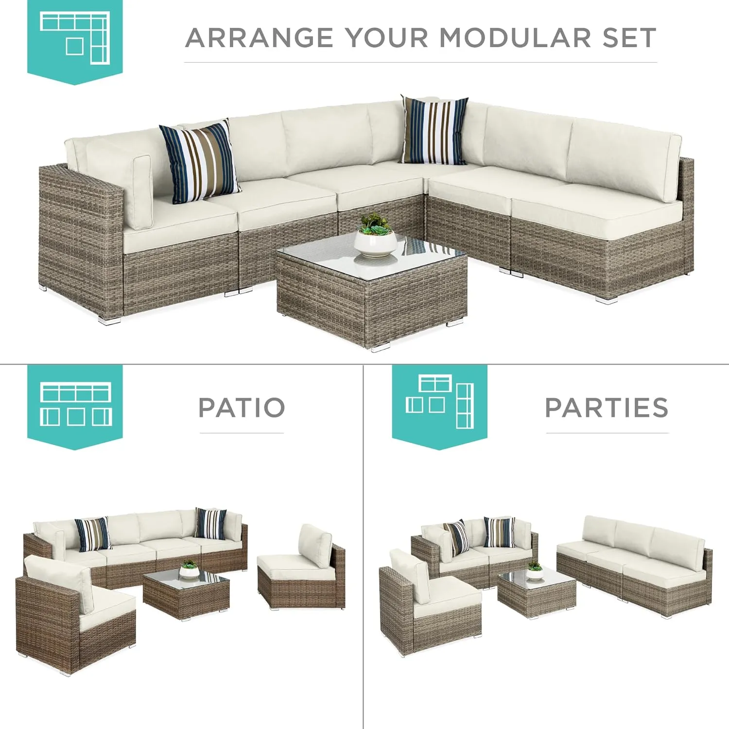 Best Choice Products 7-Piece Modular Outdoor Sectional Wicker Patio Conversation Set w/ 2 Pillows, Coffee Table, Cover Included - Taupe/White Sand