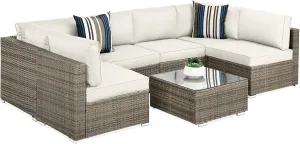 Best Choice Products 7-Piece Modular Outdoor Sectional Wicker Patio Conversation Set w/ 2 Pillows, Coffee Table, Cover Included - Taupe/White Sand