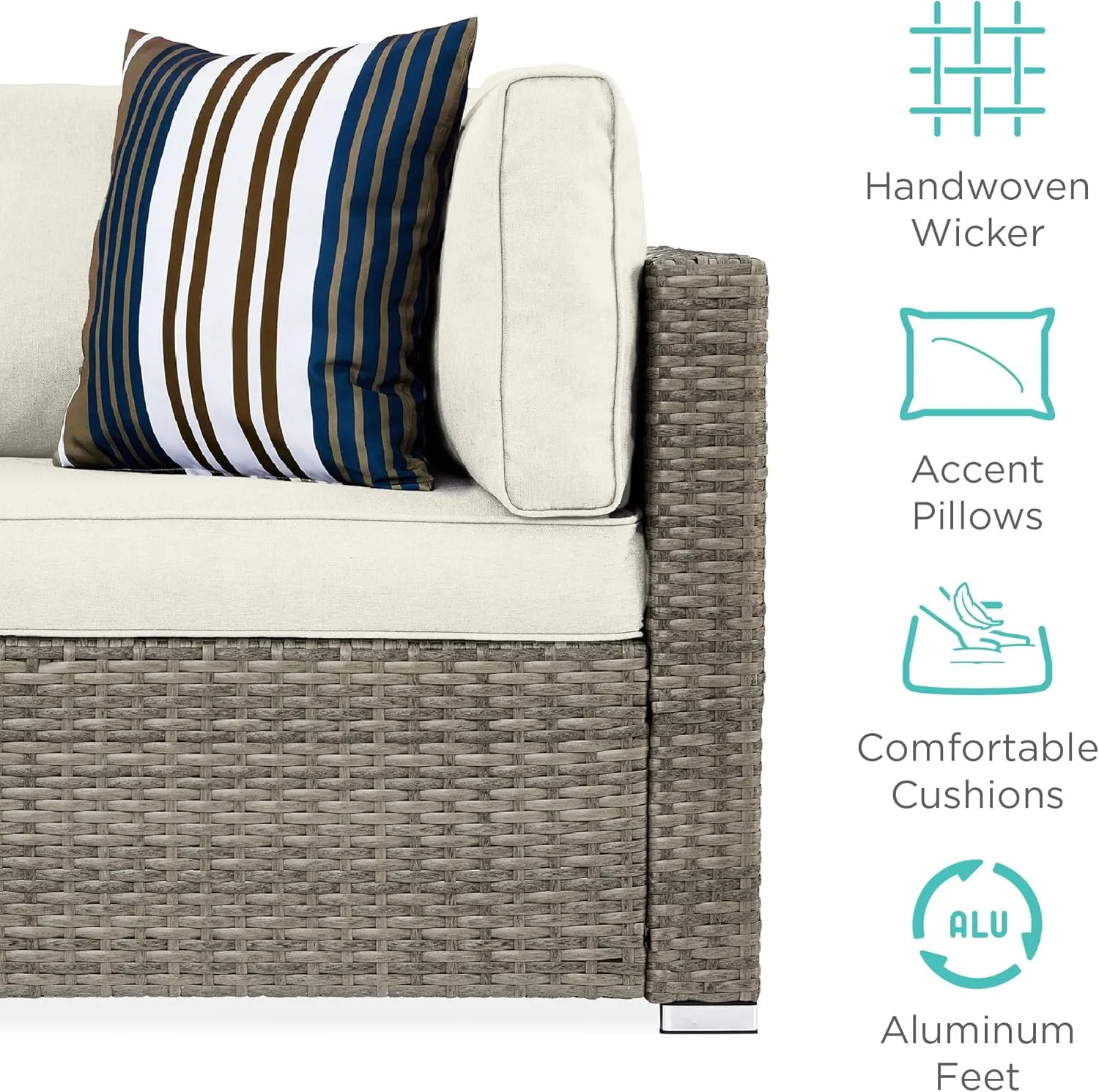 Best Choice Products 7-Piece Modular Outdoor Sectional Wicker Patio Conversation Set w/ 2 Pillows, Coffee Table, Cover Included - Taupe/White Sand