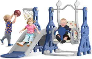 BIERUM 4 in 1 Toddler Slide and Swing Set, Baby Slide for Toddlers Age 1-2, with Basketball Hoop, Indoor Outdoor Toddler Playset Blue