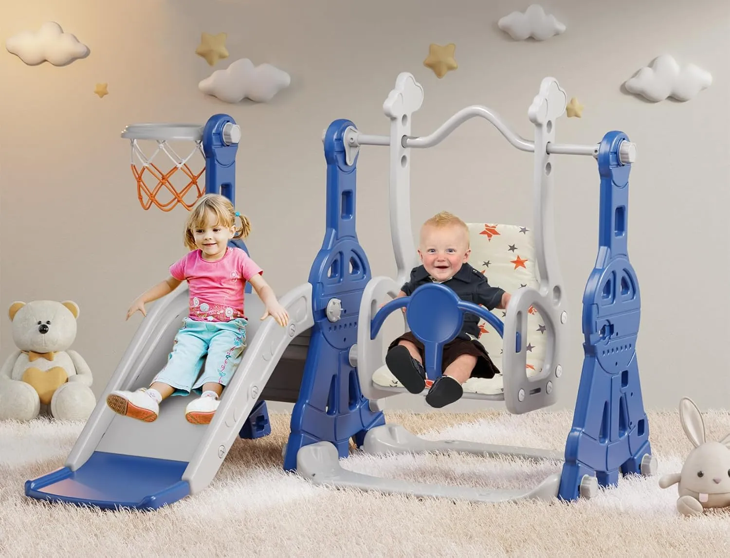 BIERUM 4 in 1 Toddler Slide and Swing Set, Baby Slide for Toddlers Age 1-2, with Basketball Hoop, Indoor Outdoor Toddler Playset Blue