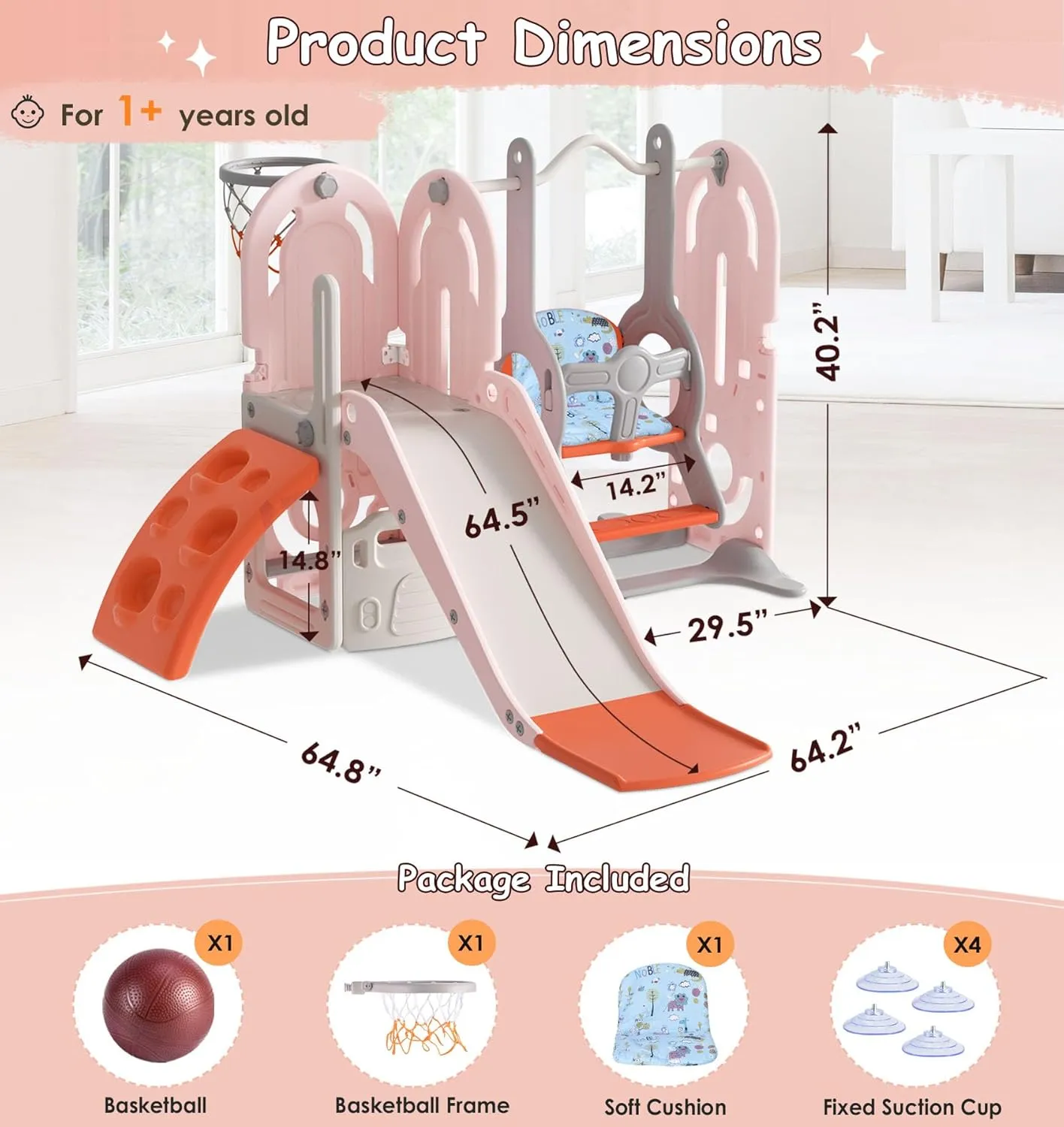 BIERUM 5 in 1 Toddler Slide, Swing and Slide for Toddlers Age 1-3 with Basketball Hoop and Basketball, Indoor Outdoor Toddler Playground Pink Orange