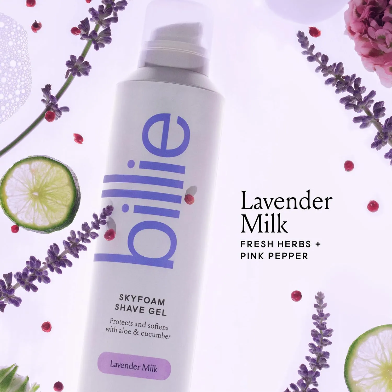 Billie SkyFoam Shave Gel - Lavender Milk Scent - Water-activated Foam - Made With Aloe & Cucumber - For A Close, Smooth Shave - 6.7 fl oz, 3-pack