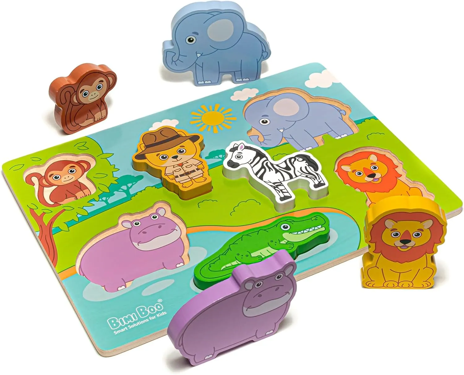 Bimi Boo Safari Themed Chunky Wooden 7 Piece Puzzle - Natural, Safe, and Durable Puzzle for Toddlers