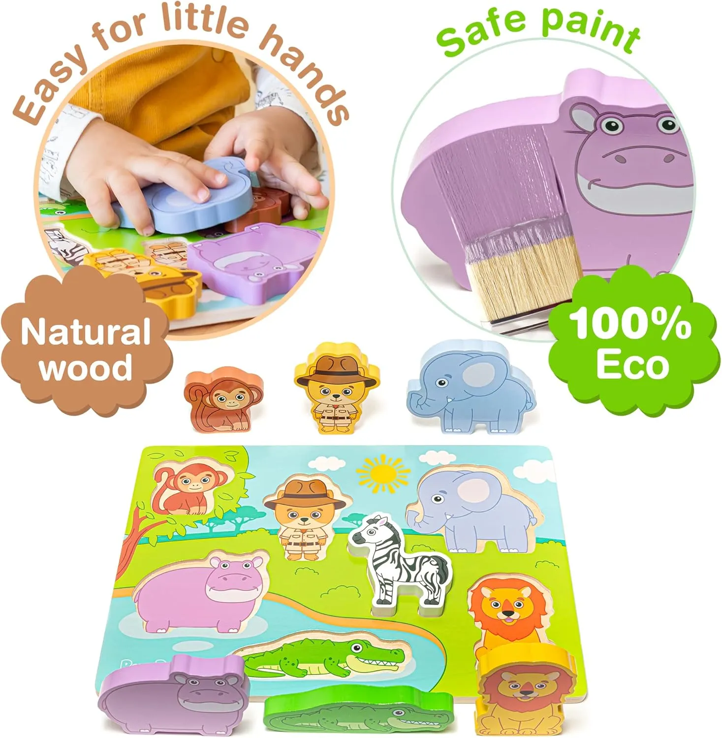 Bimi Boo Safari Themed Chunky Wooden 7 Piece Puzzle - Natural, Safe, and Durable Puzzle for Toddlers