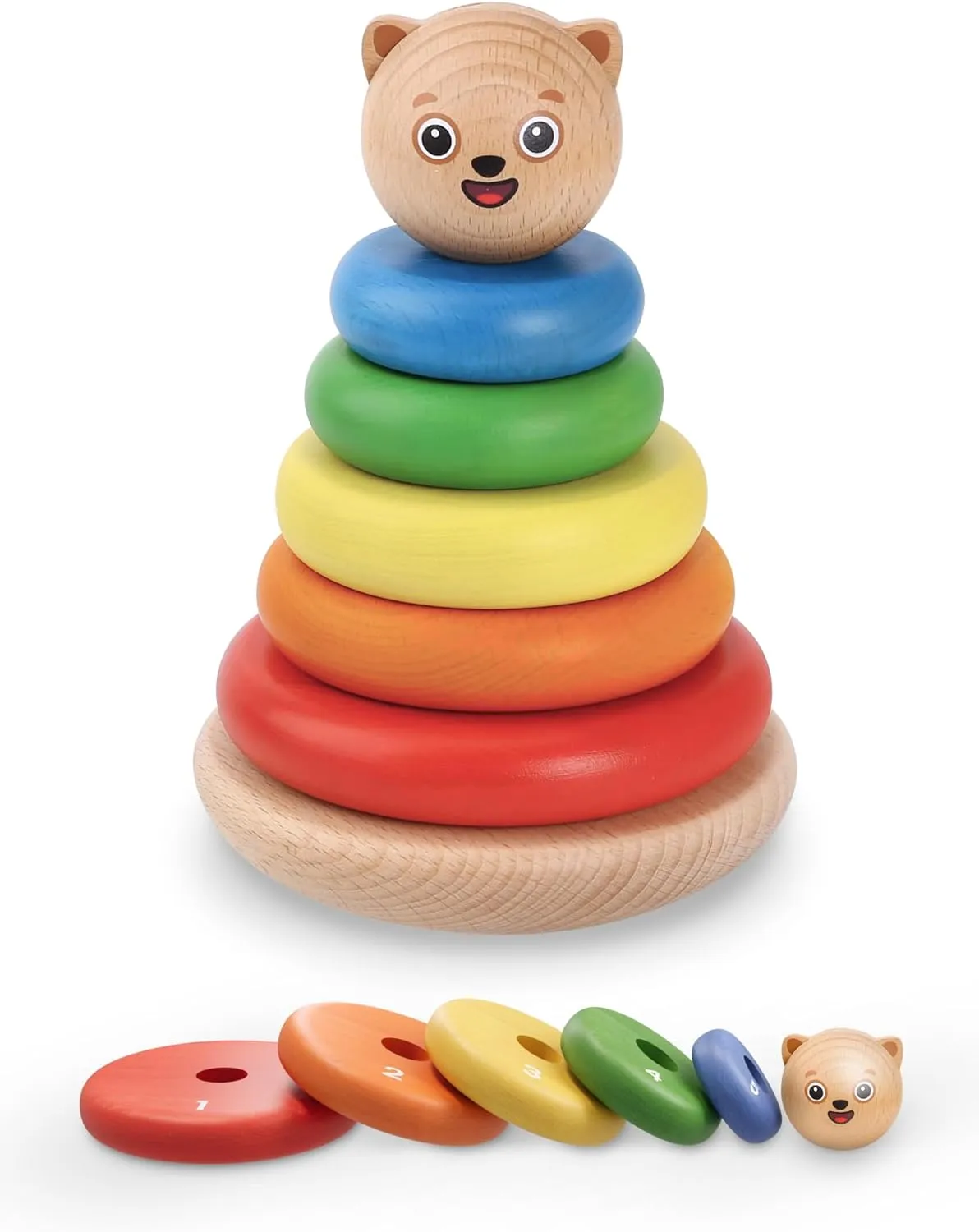 Bimi Boo Wooden Rainbow Stacking Rings for Toddlers - Ring Stacker Baby Toy with Roly-Poly Base - Montessori Early Counting Toy, Size Recognition Learning Activity - Ideal Baby Gift (5 Rings)
