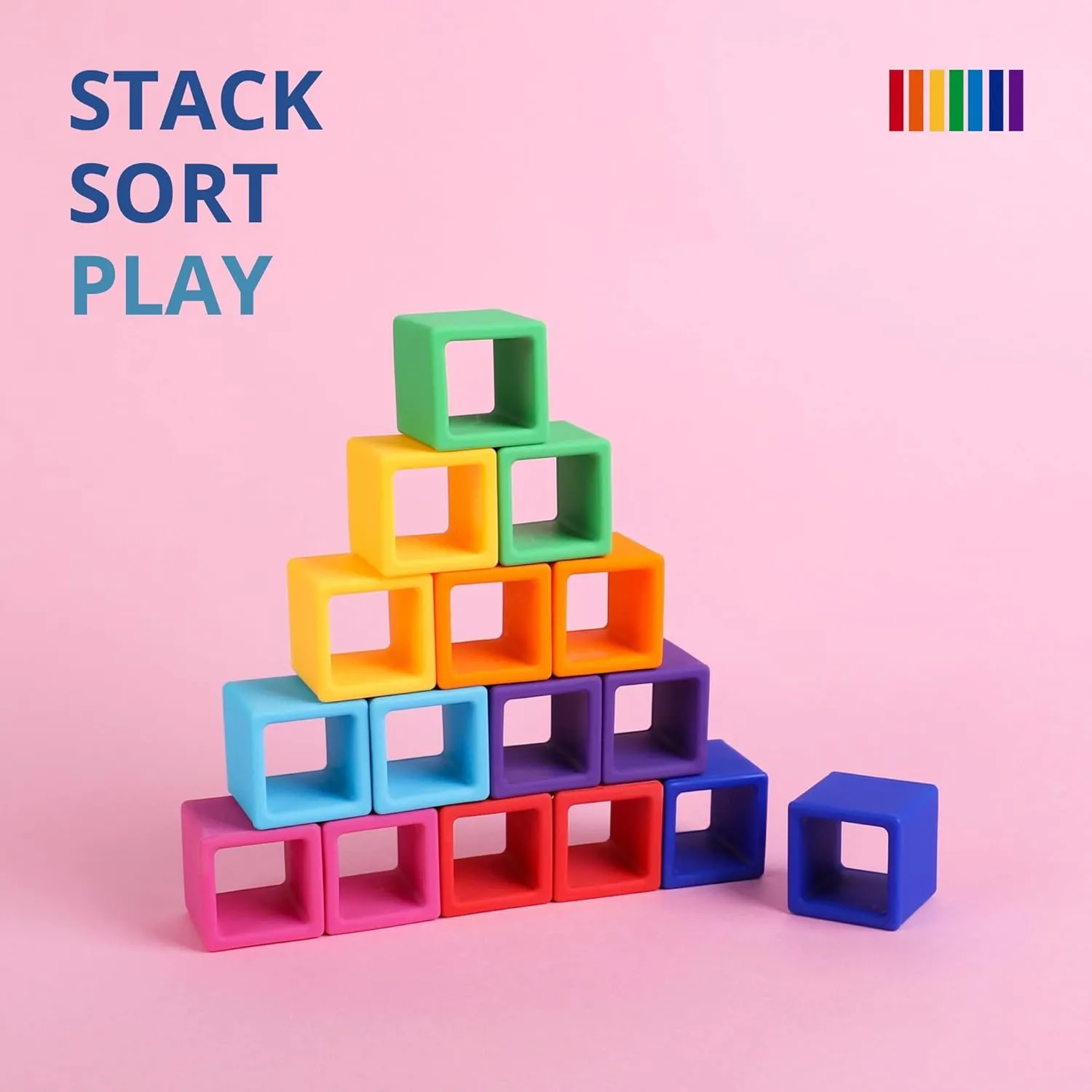 BLUE GINKGO Silicone Rainbow Blocks – [16 PC] Giftable Soft Blocks for Kids, BPA-Free Montessori Stacking Toy with Sorting Tray (Vibrant)