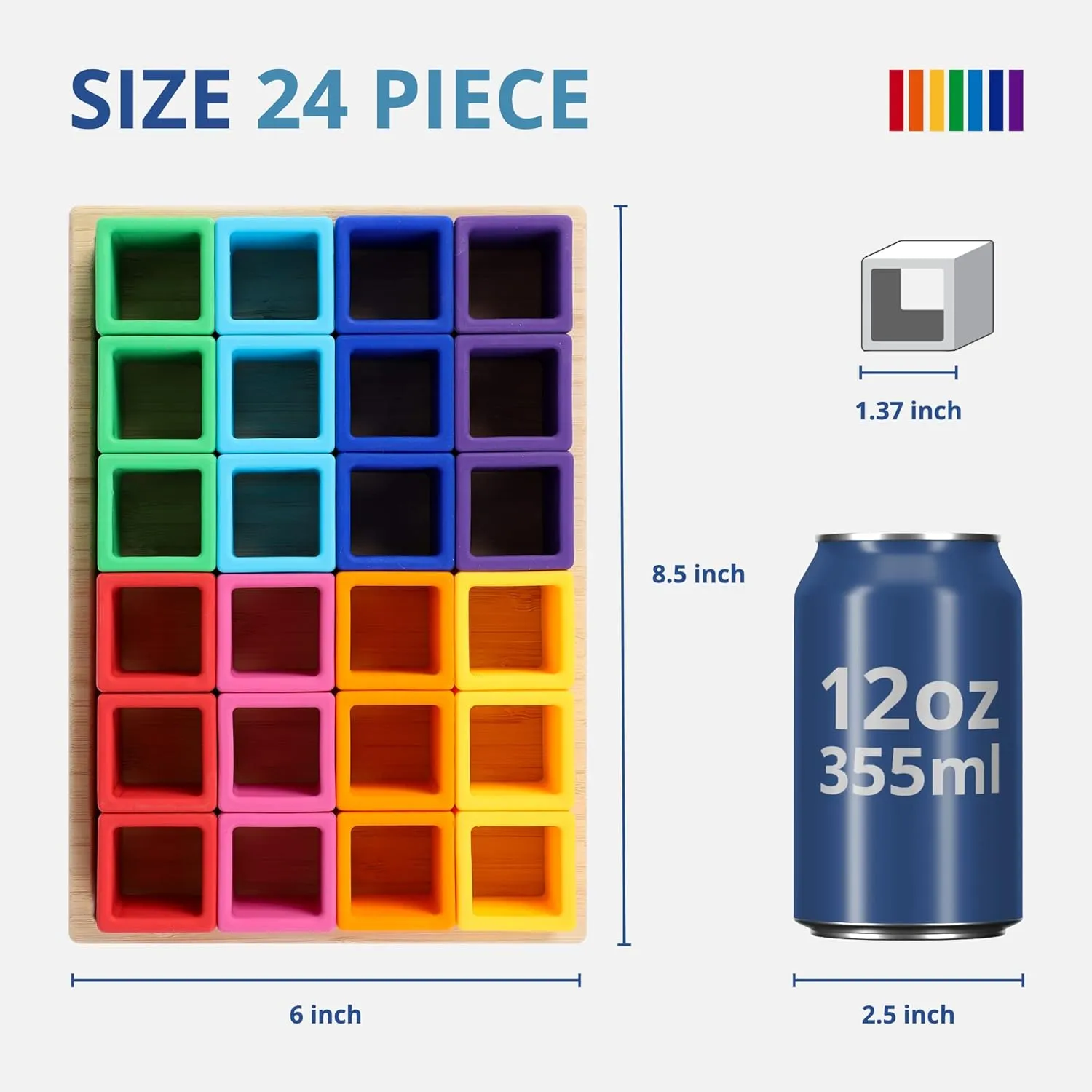 BLUE GINKGO Silicone Rainbow Blocks – [24 PC] Giftable Soft Blocks for Kids, BPA-Free Montessori Stacking Toy with Sorting Tray (Vibrant)