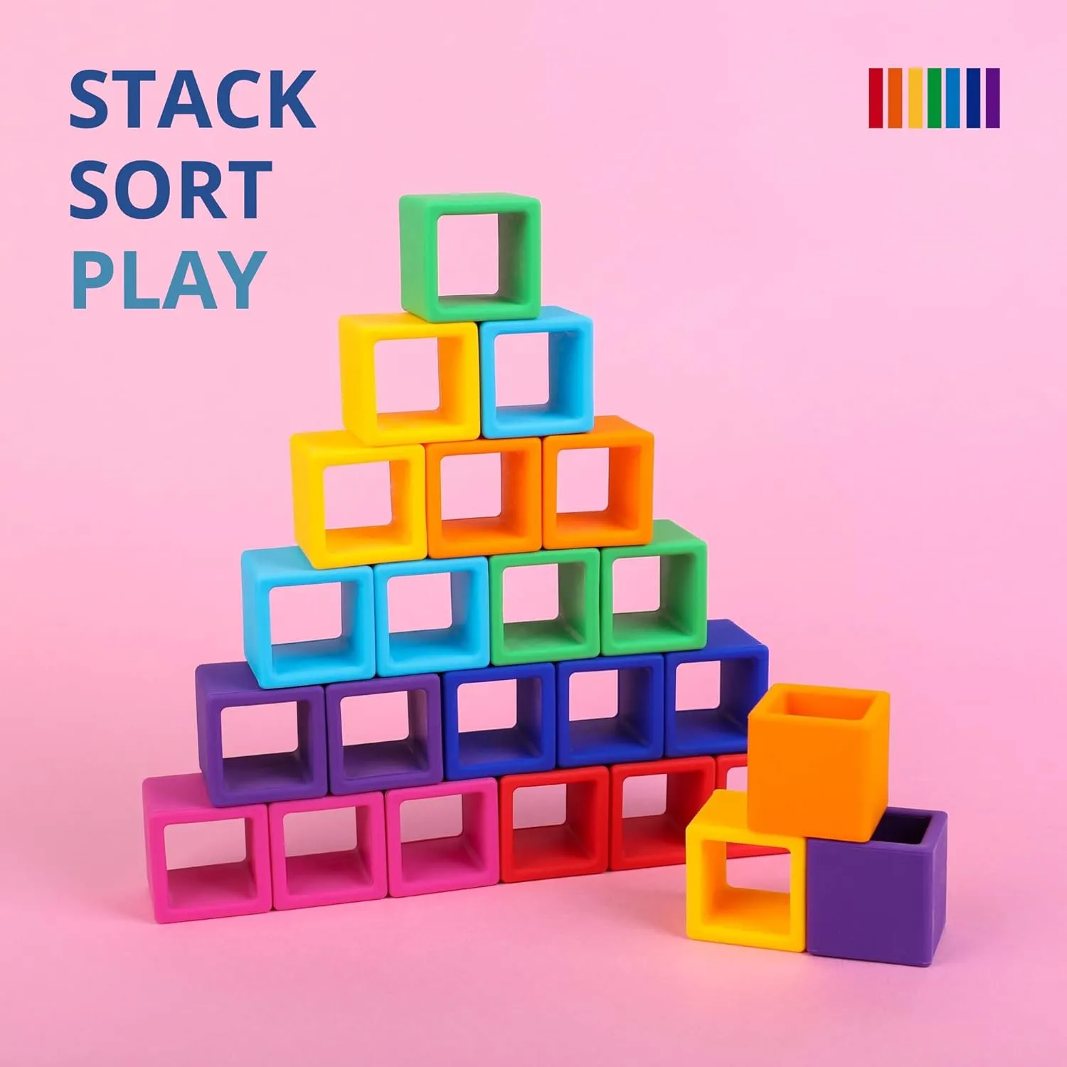 BLUE GINKGO Silicone Rainbow Blocks – [24 PC] Giftable Soft Blocks for Kids, BPA-Free Montessori Stacking Toy with Sorting Tray (Vibrant)