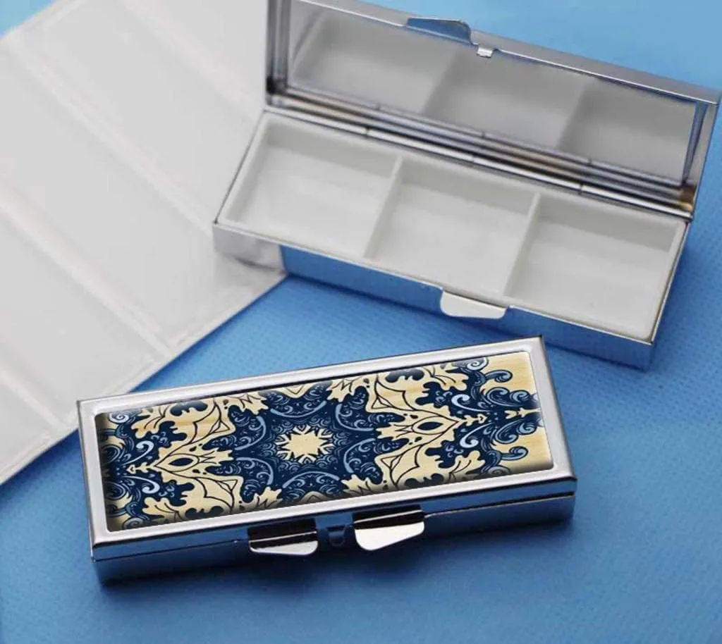 Blue Mandala Pill Box for Purse or Pocket Pill Case Decorative Boxes Gift Box Pill Organizer for Travel Pill Box