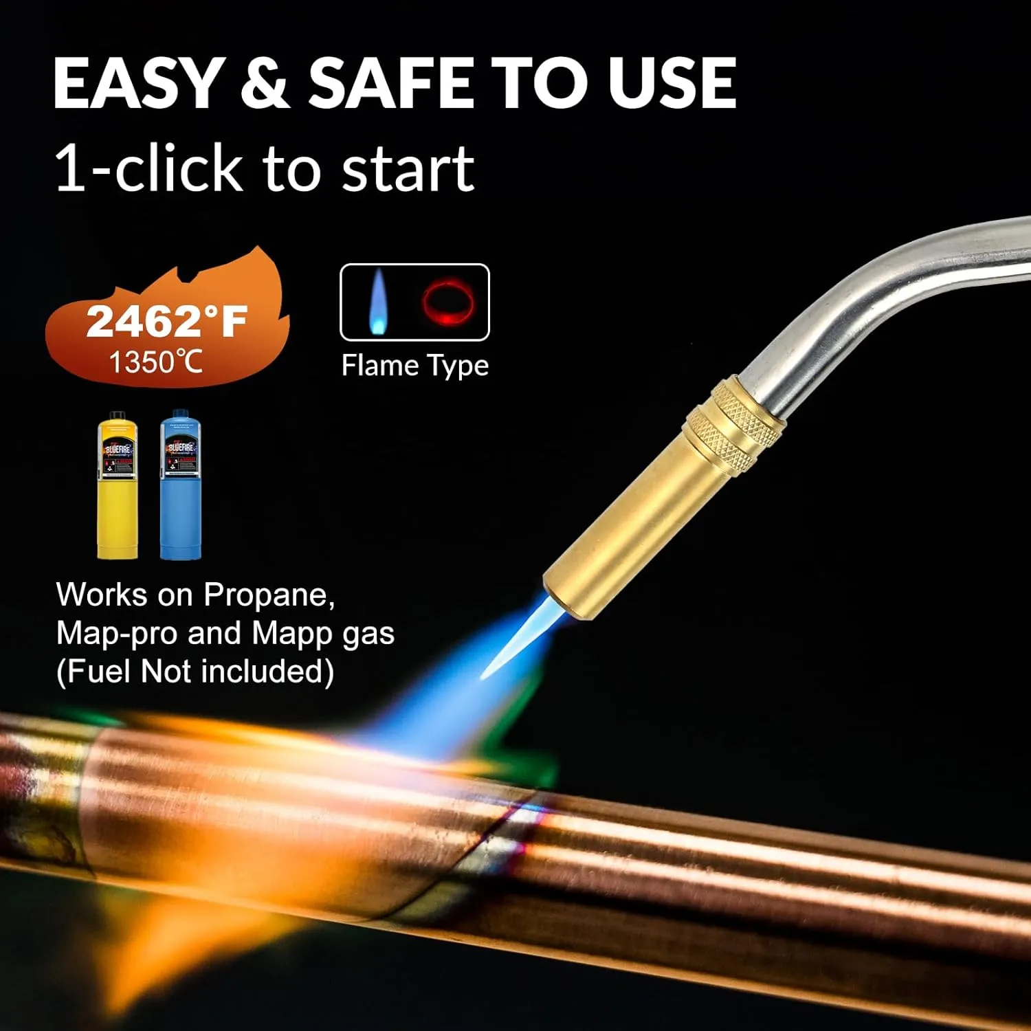 BLUEFIRE BTS-8090 Propane Torch Trigger Start Heavy Duty Gas Welding Head Adjustable Swirl Flame Hand Blow Torch Hold Portable Fuel by MAPP/MAP Pro/Propane Bottle Tank (Torch with MAPP Cylinder)