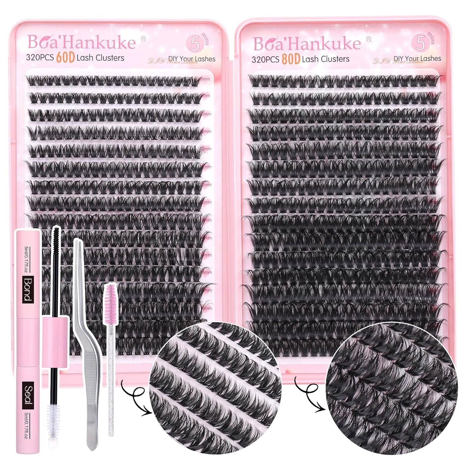 Boahankuke 640PCS Lash Clusters Kit DIY Lash Extension Kit D Curl Volume Eyelash Extensions Individual Lashes Kit with Lash Bond and Seal, Tweezers (60D 8-16mm, 80D 10-18mm)
