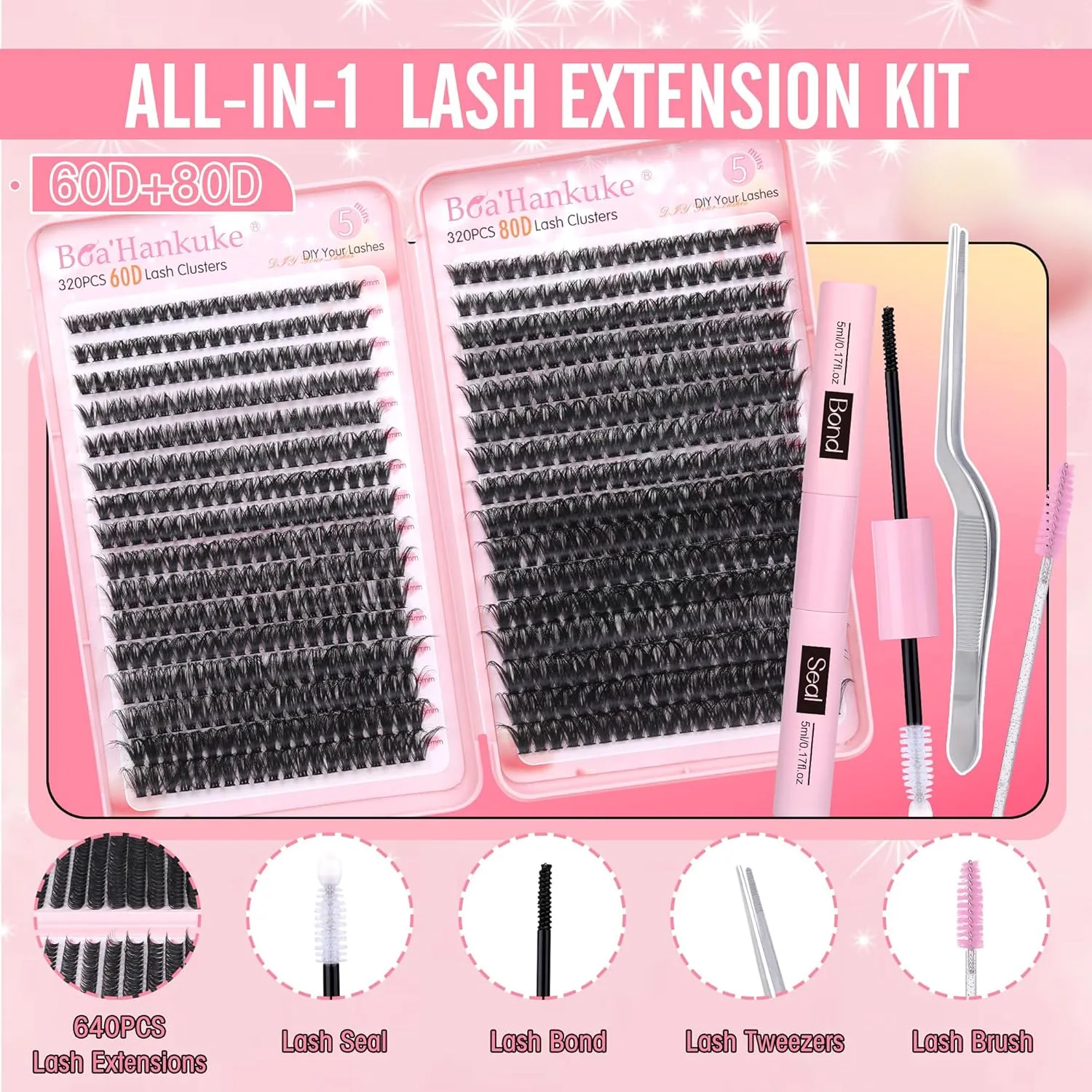 Boahankuke 640PCS Lash Clusters Kit DIY Lash Extension Kit D Curl Volume Eyelash Extensions Individual Lashes Kit with Lash Bond and Seal, Tweezers (60D 8-16mm, 80D 10-18mm)