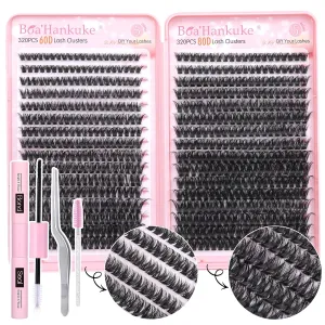 Boahankuke 640PCS Lash Clusters Kit DIY Lash Extension Kit D Curl Volume Eyelash Extensions Individual Lashes Kit with Lash Bond and Seal, Tweezers (60D 8-16mm, 80D 10-18mm)