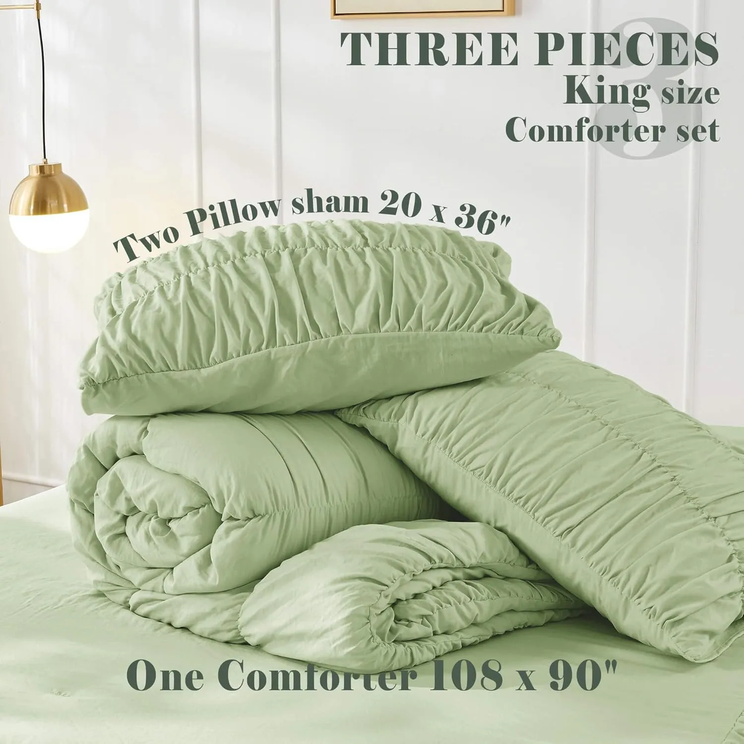 Bonlino King Size Comforter Set Bedding - Ruched Sage Green Comforter King Bed Set Boho Shabby Chic Bedding for Bedroom Comforter Fluffy 3 Piece Ruffle Comforter Set Green Luxury Bedding