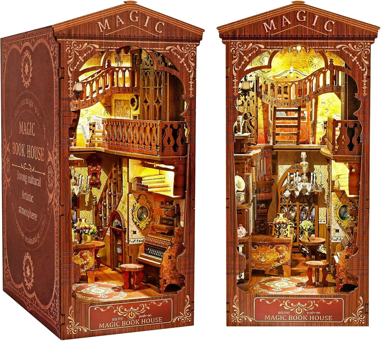 Book Nook Kit for Adults Teens - DIY Wooden Miniature Dollhouse Kit with Light, 3D Model Booknook Doll House Puzzles Toys, Bookshelf Insert Decor Crafts (Magic Book House)
