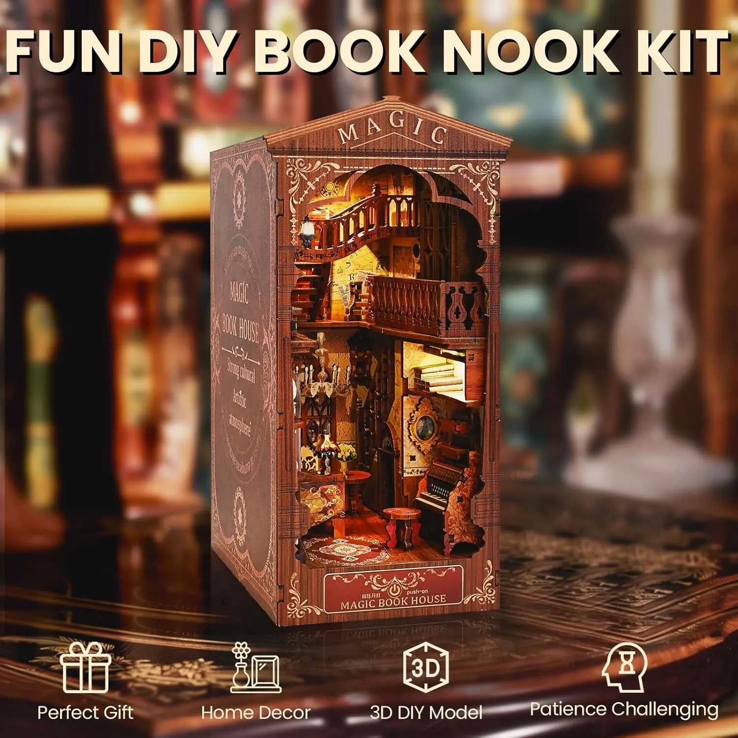Book Nook Kit for Adults Teens - DIY Wooden Miniature Dollhouse Kit with Light, 3D Model Booknook Doll House Puzzles Toys, Bookshelf Insert Decor Crafts (Magic Book House)