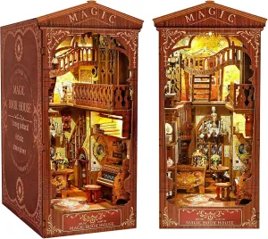 Book Nook Kit for Adults Teens - DIY Wooden Miniature Dollhouse Kit with Light, 3D Model Booknook Doll House Puzzles Toys, Bookshelf Insert Decor Crafts (Magic Book House)