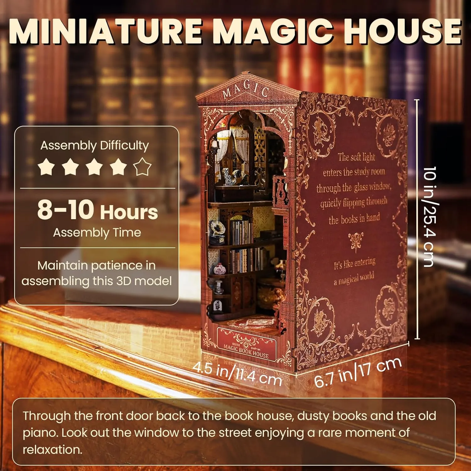 Book Nook Kit for Adults Teens - DIY Wooden Miniature Dollhouse Kit with Light, 3D Model Booknook Doll House Puzzles Toys, Bookshelf Insert Decor Crafts (Magic Book House)