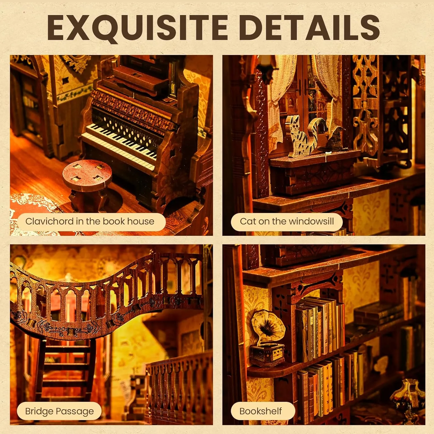 Book Nook Kit for Adults Teens - DIY Wooden Miniature Dollhouse Kit with Light, 3D Model Booknook Doll House Puzzles Toys, Bookshelf Insert Decor Crafts (Magic Book House)