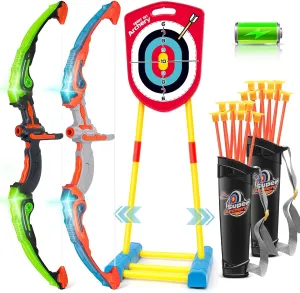 Bow and Arrow for Kids 6-8 8-12, Archery Toy Set for Kids 6  with Standing Target - Rechargeable/2 Light Up Bows/20 Arrows, Toys for Kids 4-6 7 8 9 10-12 Boys Girls Birthday Gifts