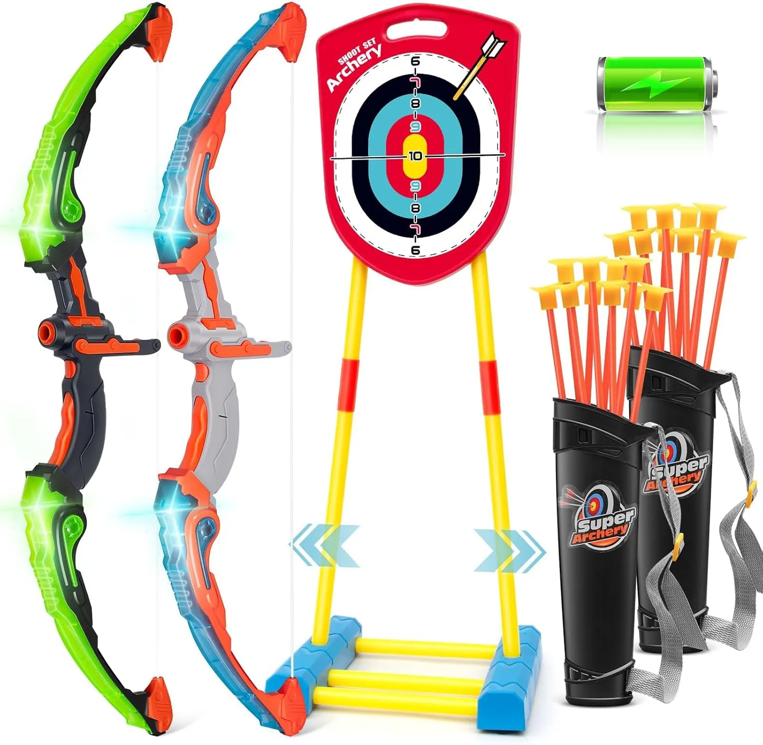 Bow and Arrow for Kids 6-8 8-12, Archery Toy Set for Kids 6  with Standing Target - Rechargeable/2 Light Up Bows/20 Arrows, Toys for Kids 4-6 7 8 9 10-12 Boys Girls Birthday Gifts