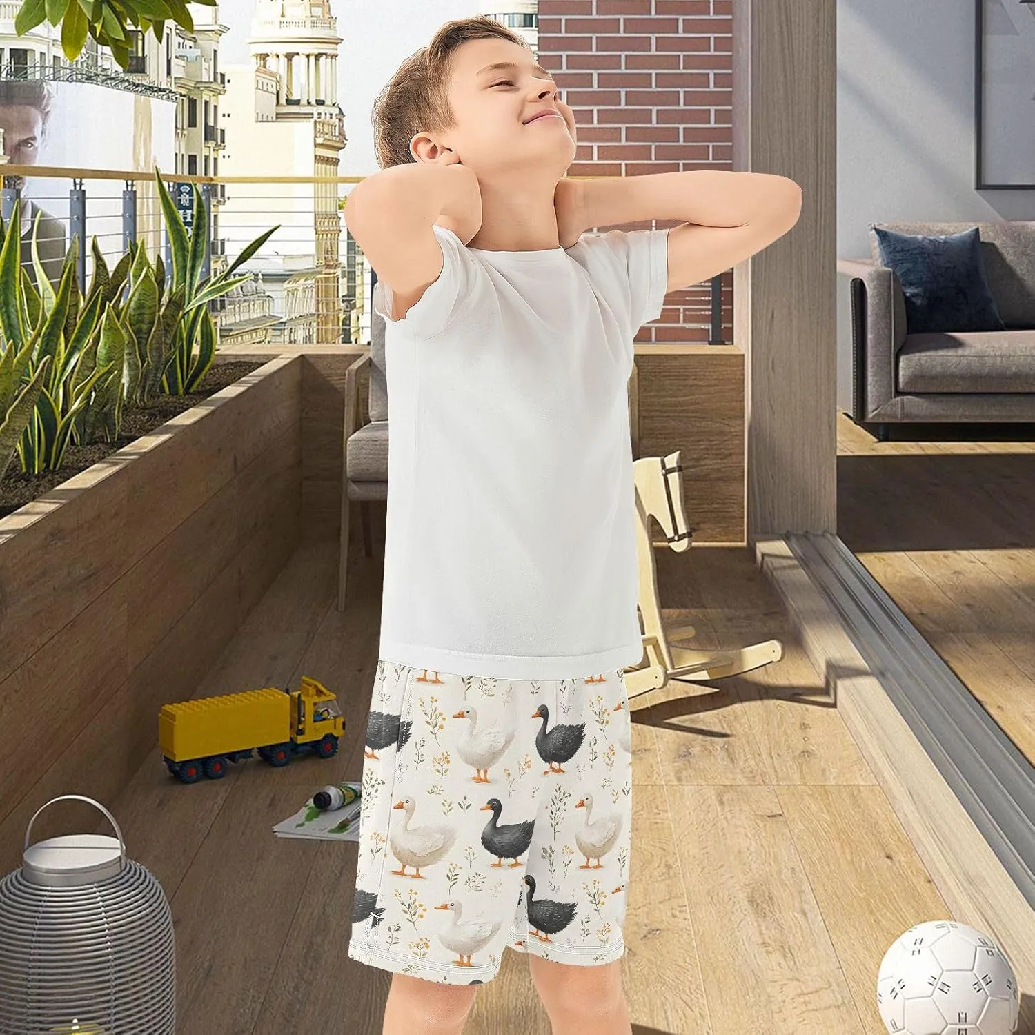 Boys Athletic Short Geese on Grassland Soft Pants Summer Shorts Bottoms with Pocket