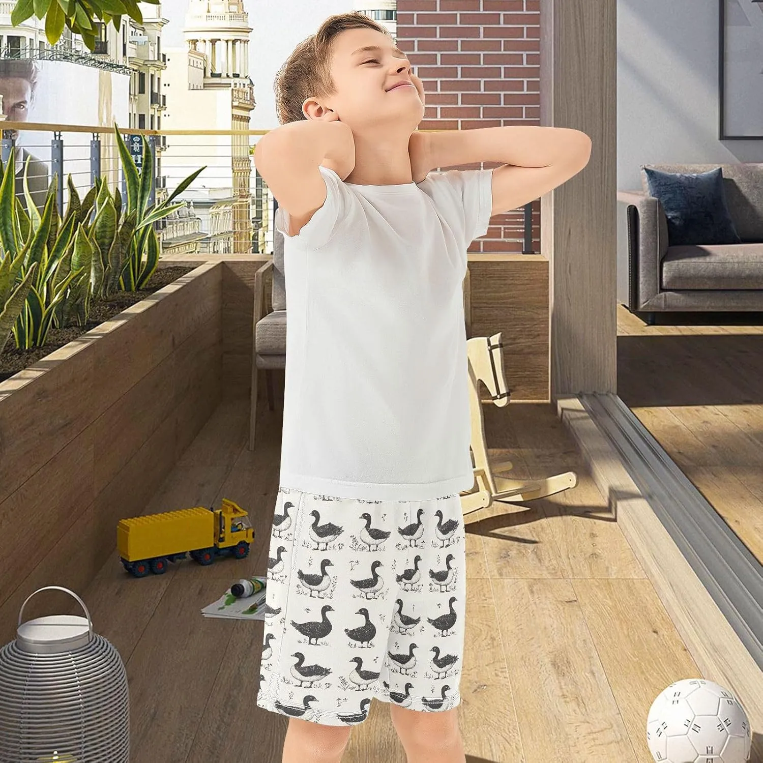 Boys Athletic Short Grey Geese on Grass Soft Pants Summer Shorts Bottoms with Pocket