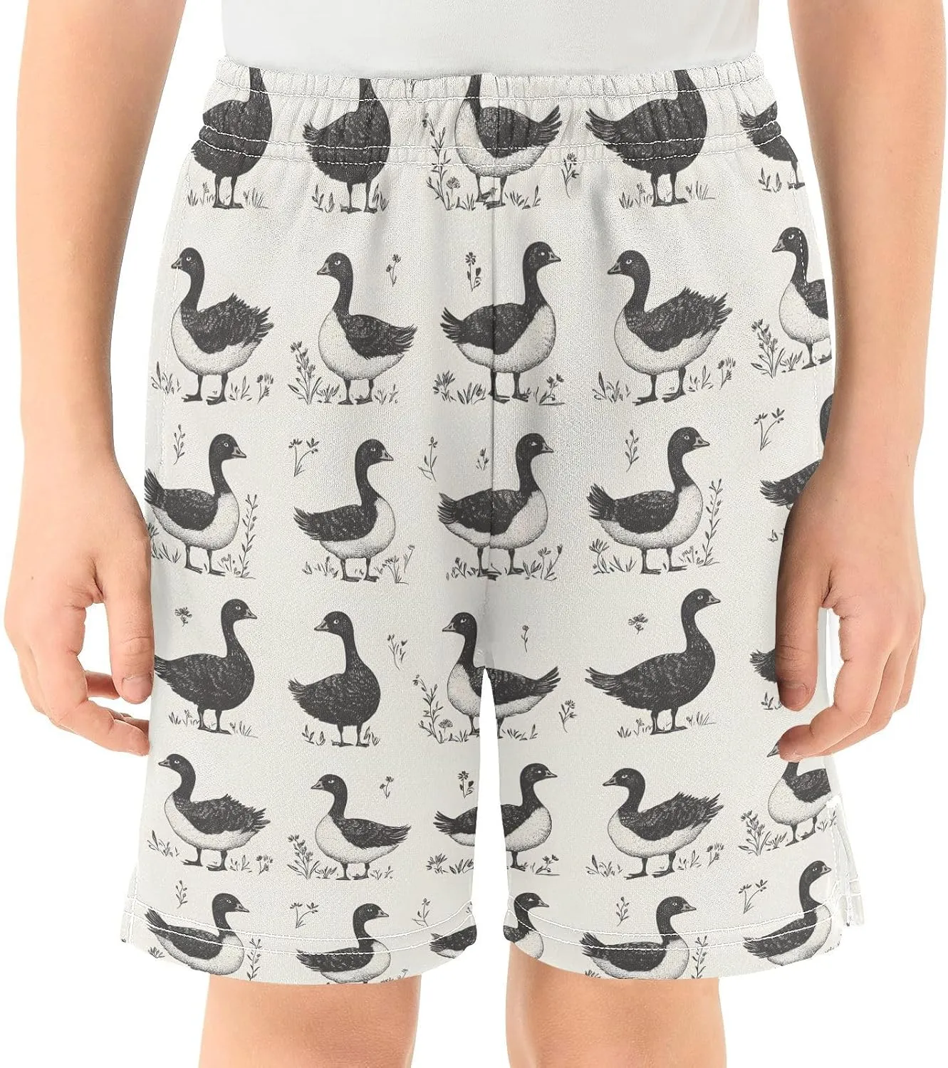 Boys Athletic Short Grey Geese on Grass Soft Pants Summer Shorts Bottoms with Pocket