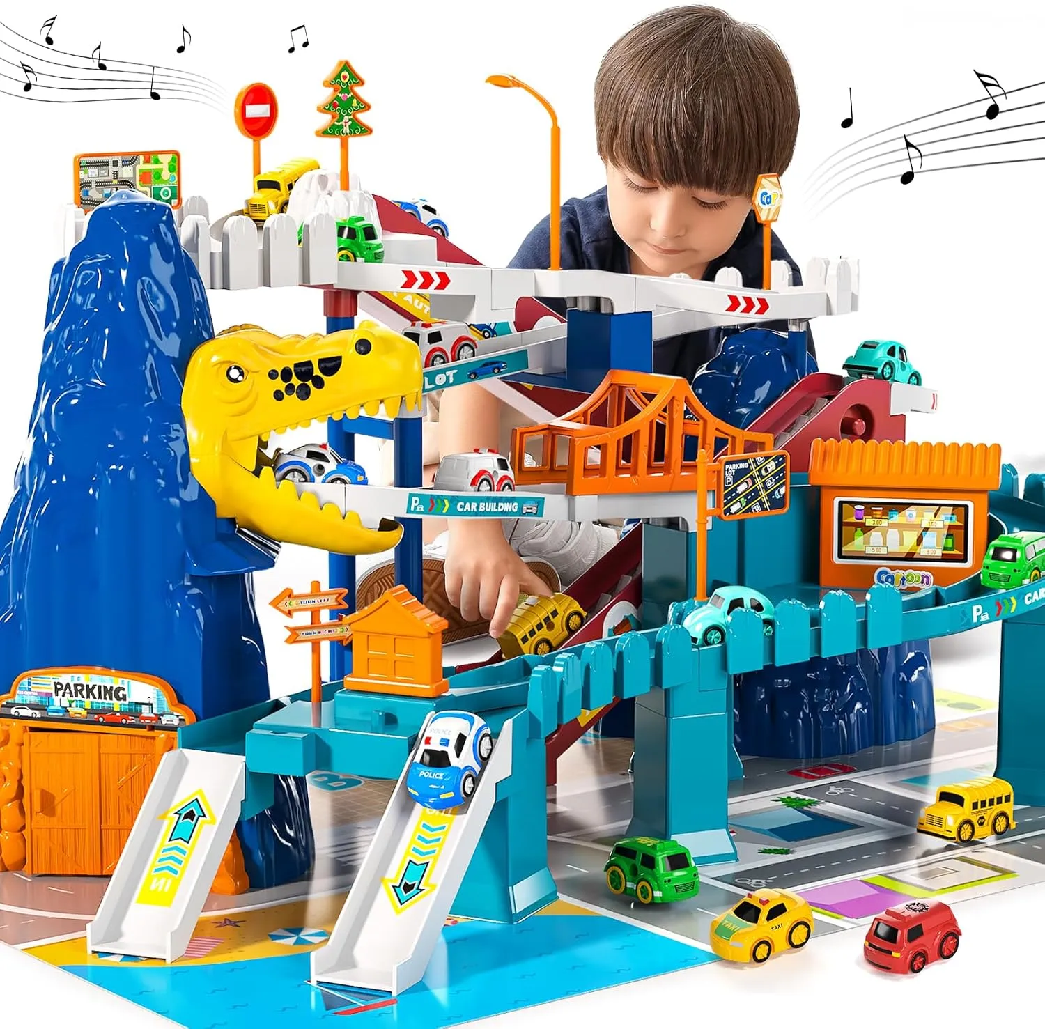 Boys Toys Dinosaur Climbing Hills Race Track Playset - Colorful Vehicles Small Cars, Car Ramp Toy for Kids 3-7 Year Old, Preschool Gifts for Toddlers Ages 3-5